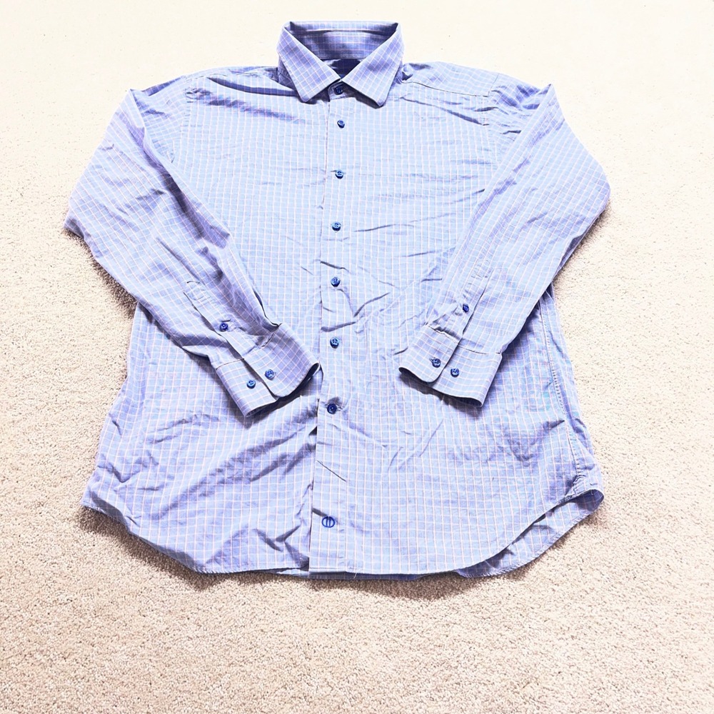 David Donahue Dress Shirt Mens 17 34/35 Blue Pink Trim Fit Plaid Cotton